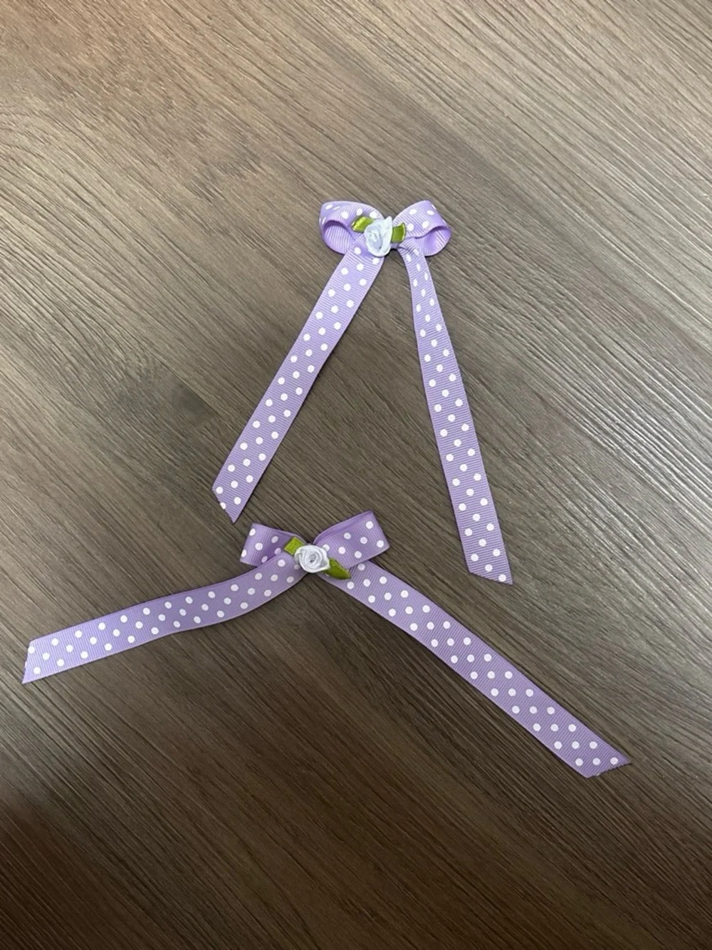 Lilac Polka Dot Ribbon Hair Bows with White Rose Accent